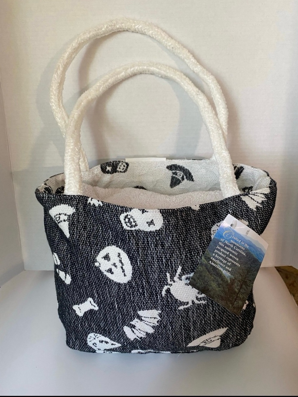 Black & White Halloween woven Patterned Skull pumpkinTote Bag with Cream Handles